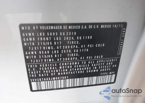 2018 Volkswagen Tiguan 2.0T Se/2.0T Sel z USA, uszkodzony, nr VIN 3VV2B7AX5JM067961